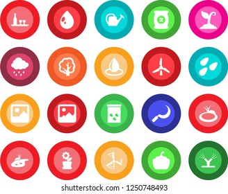 Round color solid flat icon set - tree vector, watering can, sproute, water drop, rain, sickle, pumpkin, seeds, pond, fertilizer, gallery, windmill, flower in pot, alcohol, irrigation