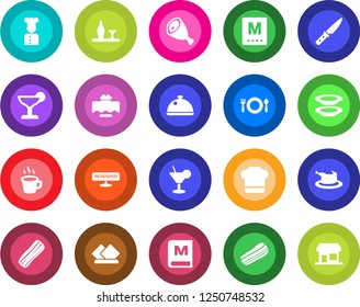 Round color solid flat icon set - coffee vector, cook, dish, alcohol, restaurant table, cafe, hat, menu, reserved, cocktail, plates, bacon, chicken, ham, knife, serviette, storefront