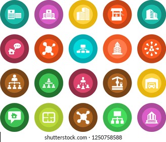 Round color solid flat icon set - hierarchy vector, well, molecule, hospital, office building, garage, plan, home message