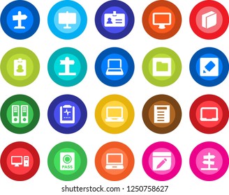 Round color solid flat icon set - passport vector, identity, office binder, notebook pc, document, pulse clipboard, signpost, monitor, laptop, folder, notes, presentation board, blank box, pass card