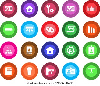 Round color solid flat icon set - identity card vector, drip irrigation, sorting, barcode, chain, root setup, air conditioner, smart home, water heater, filter, warm floor, sprinkler