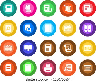 Round color solid flat icon set - contract vector, book, document search, notepad, calendar, printer, news, copybook, schedule
