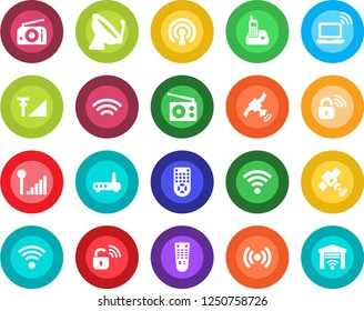 Round color solid flat icon set - satellite antenna vector, wireless notebook, radio, remote control, phone, cellular signal, lock, router, garage gate