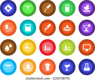 Round color solid flat icon set - water drop vector, dropper, flammable, monitor, alcohol, drink, cocktail, filter, sprinkler, flask