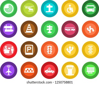 Round color solid flat icon set - airport tower vector, plane radar, taxi, bus, parking, passport control, signpost, alarm car, border cone, helicopter, disabled, route, traffic light, truck trailer