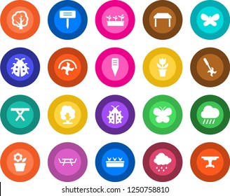 Round color solid flat icon set - flower in pot vector, ripper, tree, butterfly, lady bug, seedling, rain, plant label, picnic table