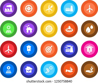 Round color solid flat icon set - factory vector, bird house, target, sun panel, windmill, eco, water, palm sproute