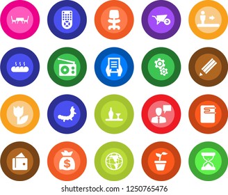 Round color solid flat icon set - escalator vector, speaking man, office chair, money bag, document, seedling, wheelbarrow, caterpillar, tulip, radio, remote control, pencil, alcohol, bread, gear