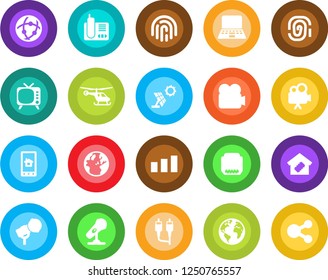 Round color solid flat icon set - helicopter vector, notebook pc, earth, sorting, microphone, tv, video camera, radio phone, rca, hdmi, network, fingerprint id, smart home, control app, sun panel