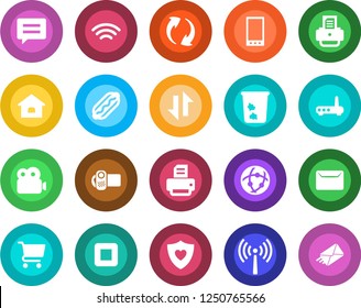 Round color solid flat icon set - antenna vector, trash bin, printer, heart shield, video camera, stop button, mobile, message, update, network, data exchange, wireless, mail, house, hot dog, router