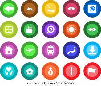 Round color solid flat icon set - train vector, left arrow, sun, lawn mower, house, sickle, heart hand, eye, plane, folder document, download, compass, tie, mountains, plan, estate search, money bag