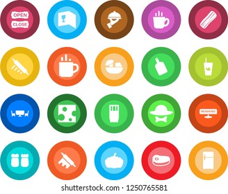 Round color solid flat icon set - hot cup vector, pumpkin, wine card, reserved, drink, phyto bar, coffee, salad, bacon, waiter, salt and pepper, cafe table, dress code, open close, steak, cheese