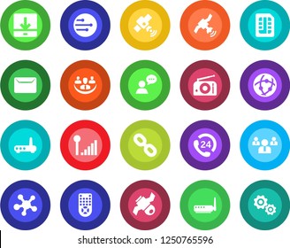 Round color solid flat icon set - team vector, satellite, 24 hours, radio, remote control, speaker, share, chain, sim, network, download, cellular signal, company, mail, router, gear