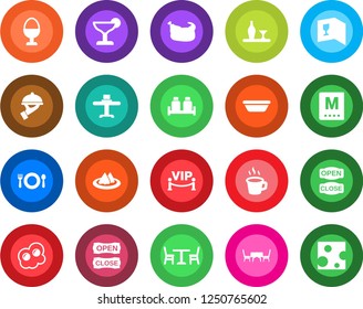 Round color solid flat icon set - cafe vector, coffee, alcohol, restaurant table, serviette, wine card, menu, cocktail, waiter, egg stand, salt and pepper, vip zone, open close, chicken, bowl