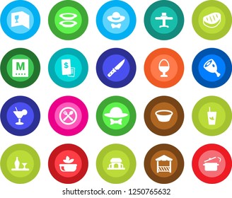 Round color solid flat icon set - alcohol vector, restaurant table, cafe, wine card, menu, cocktail, phyto bar, salad, plates, egg stand, building, dress code, alcove, receipt, steak, ham, bowl