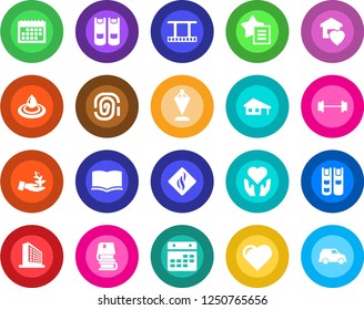 Round color solid flat icon set - office building vector, book, pennant, heart, barbell, hand, film frame, favorites list, calendar, house with garage, sweet home, water, smoke detector, fingerprint