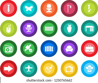 Round color solid flat icon set - right arrow vector, office chair, case, mouse, desk, fence, butterfly, garden light, real heart, satellite, cargo container, radio, music, tie, cushioned furniture
