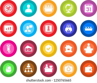 Round color solid flat icon set - female vector, reception, globe, hierarchy, meeting, manager place, statistic monitor, seedling, no hook, shield, camera, network, speaker, user, calendar, printer