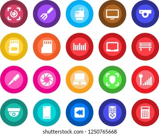 Round color solid flat icon set - pen vector, notebook pc, garden fork, bench, barcode, remote control, monitor, rewind, phone back, mobile camera, sd, face id, eye, cellular signal, copier, web