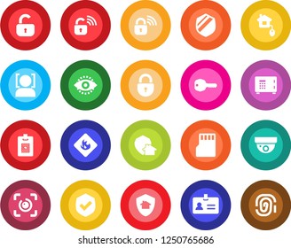 Round color solid flat icon set - identity vector, safe, lock, shield, flammable, sd, face id, eye, card, key, home control, wireless, protect, surveillance, fingerprint