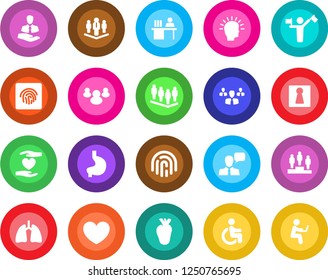 Round color solid flat icon set - dispatcher vector, female, pedestal, team, heart, disabled, hand, stomach, lungs, real, client, speaker, group, fingerprint id, manager desk, company, shining head