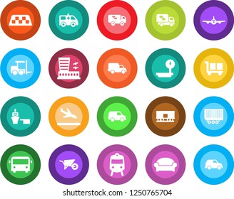 Round color solid flat icon set - taxi vector, arrival, airport bus, train, waiting area, fork loader, plane, building, wheelbarrow, ambulance car, truck trailer, delivery, sea port, cargo, railroad