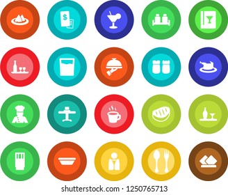 Round color solid flat icon set - spoon and fork vector, coffee, waiter, cook, alcohol, restaurant table, serviette, wine card, drink, cocktail, salt pepper, receipt, chicken, steak, bowl