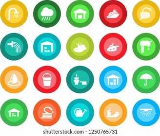 Round color solid flat icon set - watering can vector, bucket, water drop, rain, hose, pond, sea shipping, port, umbrella, warehouse, supply, bathroom, sprinkler