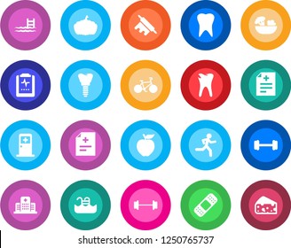Round color solid flat icon set - medical room vector, pumpkin, diagnosis, patch, barbell, bike, run, tooth, caries, implant, pulse clipboard, hospital, pool, salad, rolling pin, apple fruit, cheese