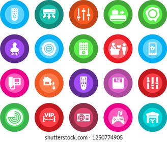 Round color solid flat icon set - baggage conveyor vector, passport control, radar, stamp, scales, gamepad, settings, remote, tuning, air conditioner, vip zone, home, intercome, app, garage gate