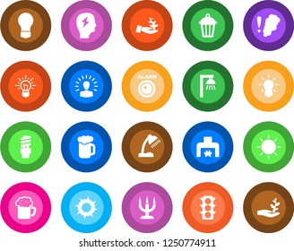 Round color solid flat icon set - brainstorm vector, bulb, sun, garden light, traffic, desk lamp, fireplace, beer, candle, smoke detector, energy saving, outdoor, alarm led, palm sproute, idea