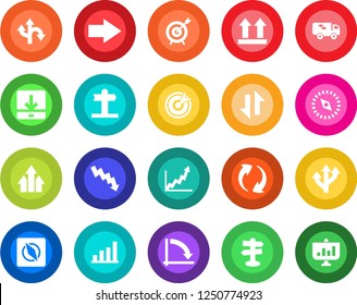 Round color solid flat icon set - right arrow vector, crisis graph, route, signpost, up side sign, update, data exchange, download, compass, bar, moving, target, growth, presentation