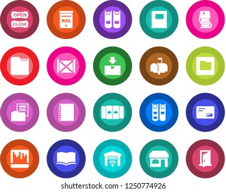 Round color solid flat icon set - automatic door vector, shop, book, container, package, mail, scanner, folder, copybook, document, mailbox, open close, garage gate control