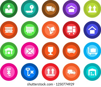 Round color solid flat icon set - baggage trolley vector, railroad, truck trailer, car delivery, container, consolidated cargo, fragile, warehouse storage, up side sign, no hook, package