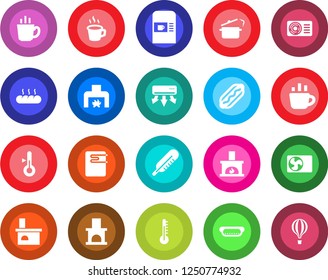 Round color solid flat icon set - coffee machine vector, fireplace, thermometer, air conditioner, bread, hot dog, steaming pan, water heater, balloon