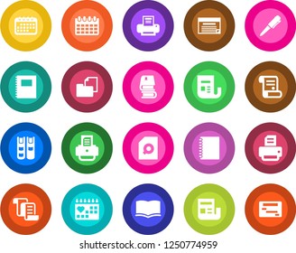 Round color solid flat icon set - contract vector, book, pen, calendar, printer, medical, folder document, news, copybook, search, schedule