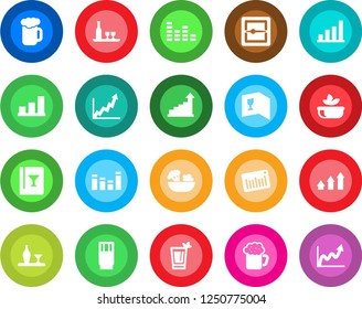 Round color solid flat icon set - growth statistic vector, barcode, equalizer, scanner, bar graph, alcohol, wine card, drink, phyto, beer, salad, arrow up