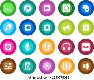 Round color solid flat icon set - vinyl vector, flame disk, loudspeaker, settings, equalizer, microphone, headphones, speaker, pause button, stop, fast forward, rewind, rec, rca, hdmi, tuning, sound