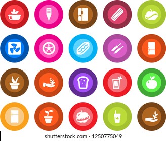 Round color solid flat icon set - seedling vector, plant label, diet, fridge, phyto bar, salad, bacon, bread, kebab, hot dog, apple fruit, fan, palm sproute