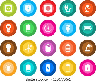 Round color solid flat icon set - bulb vector, battery, low, protect, charge, desk lamp, socket, power plug, energy saving, windmill