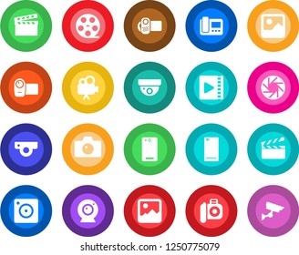 Round color solid flat icon set - camera vector, clapboard, reel, video, phone back, mobile, gallery, web, intercome, surveillance