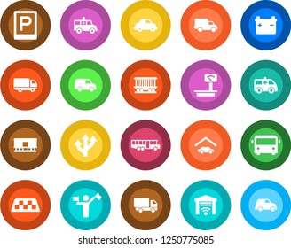 Round color solid flat icon set - dispatcher vector, taxi, airport bus, parking, ambulance car, route, railroad, delivery, heavy scales, garage, gate control, battery