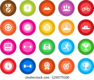 Round color solid flat icon set - pedestal vector, medal, barbell, bike, run, heavy, clock, stopwatch, target, mountains, award cup