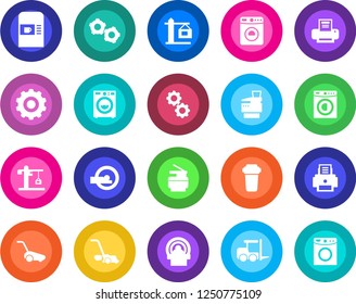 Round color solid flat icon set - coffee machine vector, washer, fork loader, gear, lawn mower, tomography, printer, copier, crane, water filter
