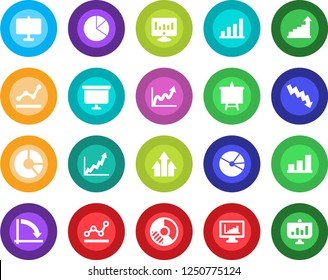 Round color solid flat icon set - growth statistic vector, presentation board, crisis graph, monitor, circle chart, statistics, bar, pie, point, arrow up