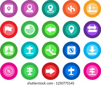 Round color solid flat icon set - escalator vector, signpost, right arrow, left, radar, route, pin, download, place tag, compass, flag, guidepost