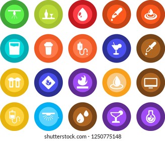 Round color solid flat icon set - water drop vector, dropper, flammable, monitor, alcohol, drink, cocktail, filter, sprinkler, flask