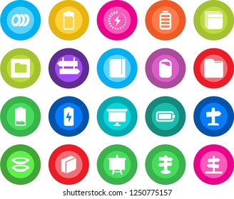Round color solid flat icon set - signpost vector, notepad, presentation board, battery, low, folder, charge, blank box, plates, guidepost