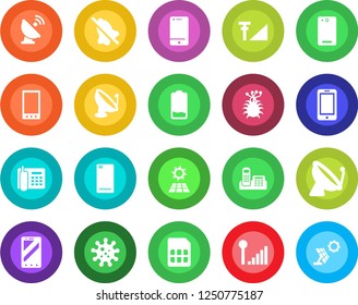 Round color solid flat icon set - satellite antenna vector, mobile phone, virus, cell, low battery, back, sim, mute, cellular signal, office, sun panel