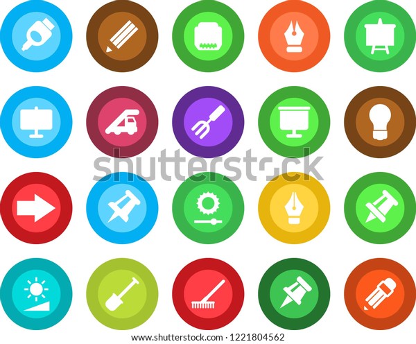 Round color solid flat
icon set - right arrow vector, ladder car, presentation board,
drawing pin, bulb, garden fork, shovel, rake, hdmi, brightness, ink
pen, pencil